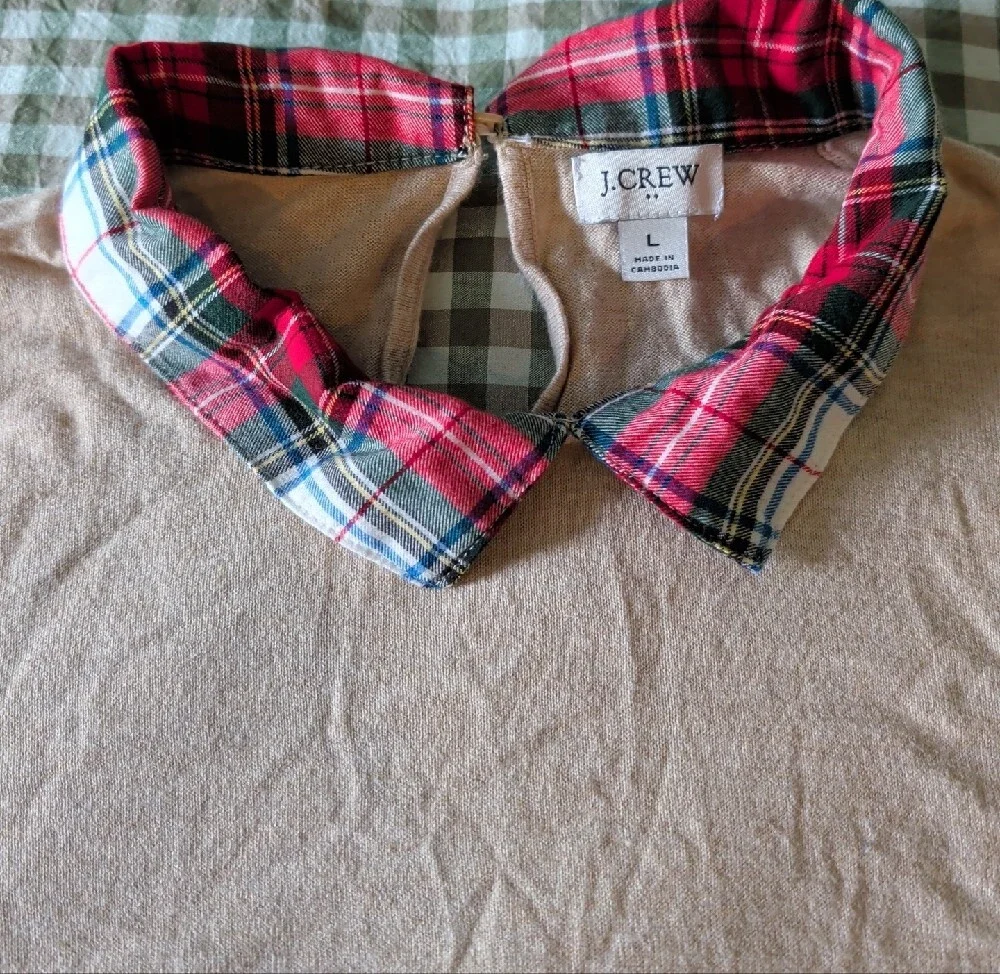 J. Crew Tan Sweater with Red Plaid Collar